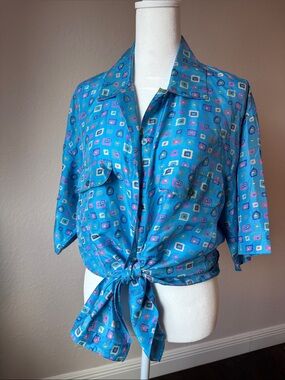 Vintage Swell 100% Silk Abstract Button Down Shirt Blue M L